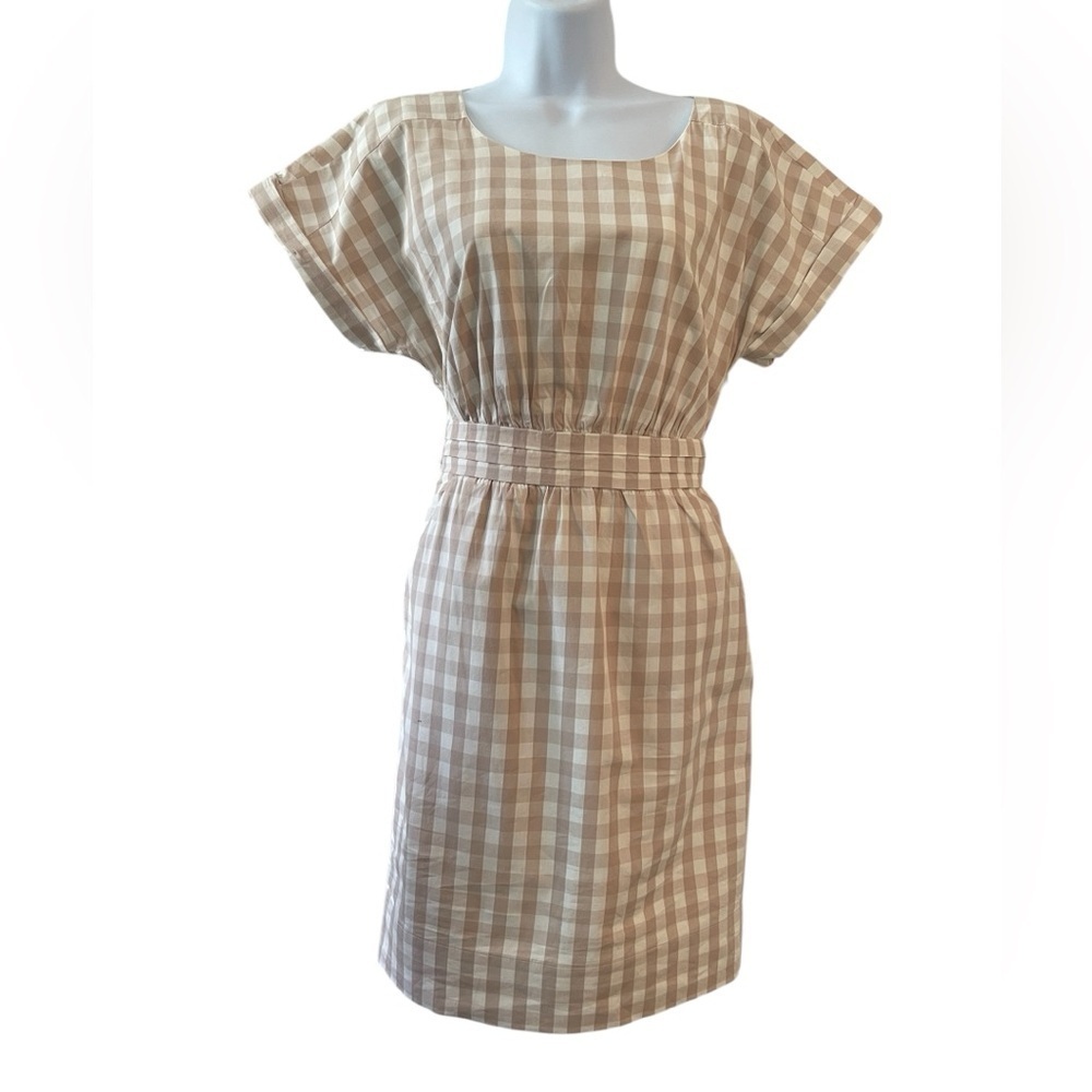 HD in Paris Anthropologie Gingham Sheath Dress Beige Cream Cotton Size 2